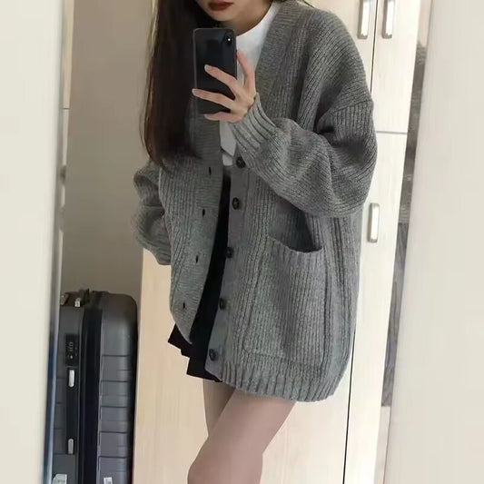 Rimcoy Harajuku Loose Brown Cardigan Women Chic V Nekc Single Breasted Knitted Cardigans Woman Autum Winter Student Sweater Coat