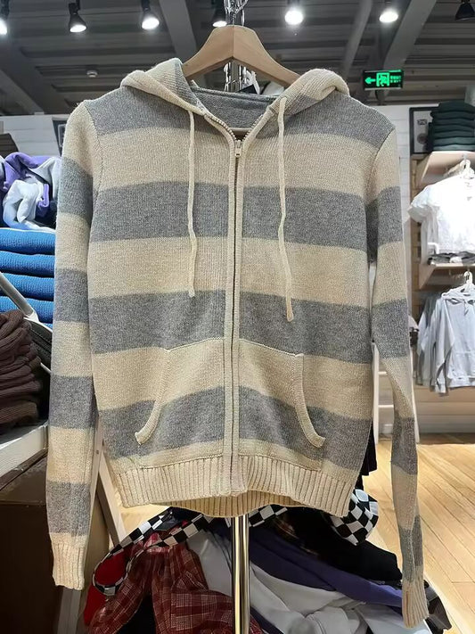 Striped Knitted Cropped Sweater Cardigan Women Autumn Long Sleeve Hooded Zipper Short Streetwear Knitwear Sweaters Y2K Crop Tops